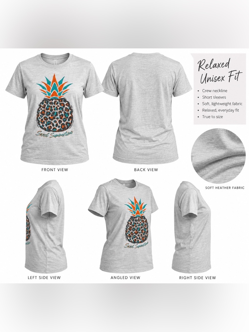 Bella Canvas Sweet Summertime Leopard Pineapple Graphic Tee Gray Size, Large